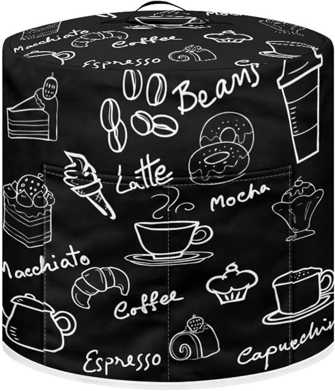 Dust Cover for Kitchen Appliance Accessories for 3 Quart Pressure Cooker Air Fryer Rice Cooker Dust Protection with Storage Pockets, Coffee Dessert Black