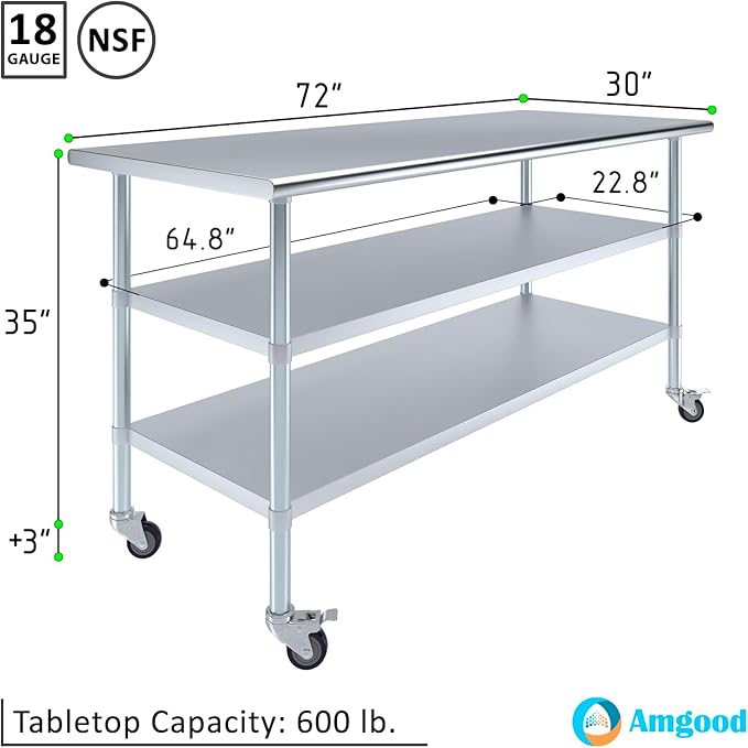AmGood Stainless Steel Work Table with 2 Shelves and Casters | Metal Utility Table On Wheels (Stainless Steel Work Table with 2 Shelves + Casters, 72" Long x 30" Deep)