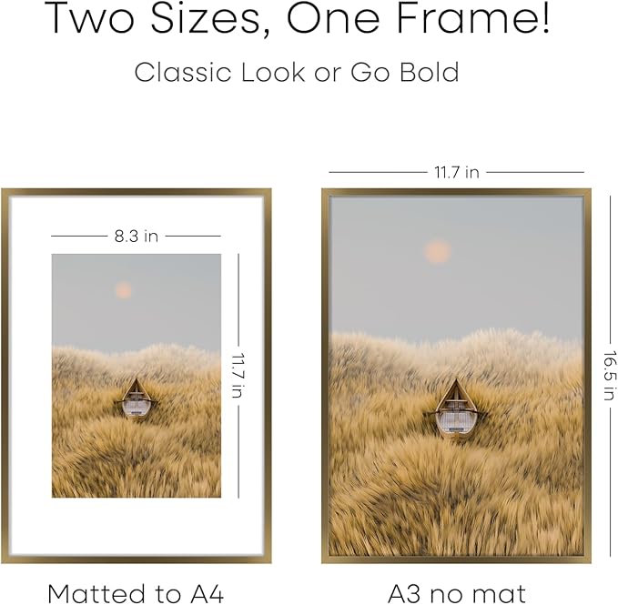 Homeforia A3 Picture Frame Bronze, High End Metal 11.7 x 16.5 inch Brass Poster Frames with Mat 8.3 by 11.7 Print, A3 Size Frames Matted to A4 Photo, 11.7by16.5 Hanging Frame, Tempered Glass, Set of 3