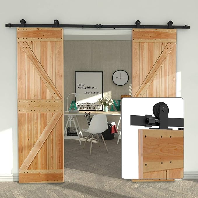 CCJH 8.2FT Sliding Barn Door Hardware Kit, Heavy Duty, Smoothly and Silently, Easy to Install, Fit 24.6" Width Double Door Panel, T-Shaped Style Black