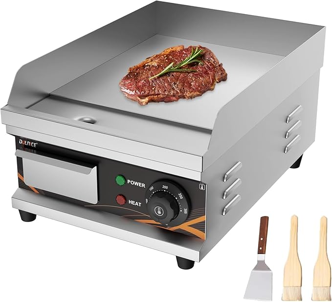 Commercial Electric Griddle, 1500W Electric Countertop Flat Top Griddle with Thermostat, 12" Stainless Steel Flat Top Grill, Non-Stick Teppanyaki Grill for Home & Restaurants