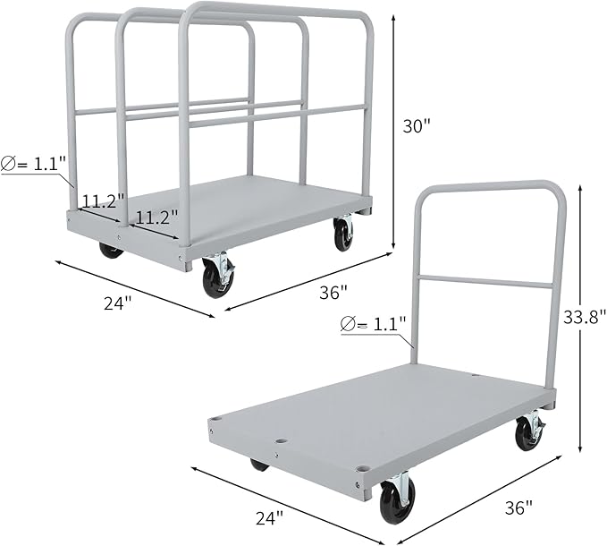 Steel Panel Truck Cart 36x24 inch, 2 in 1 Industrial Grade Platform Truck with 2200 LBS Capacity, Heavy Duty Drywall Dolly with 3 Removable Side Handrails & Swivel Wheels