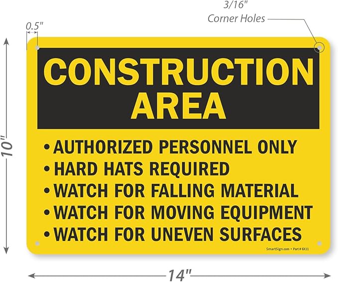 SmartSign "Construction Area - Authorized Personnel Only, Hard Hats Required" Sign | 10" x 14" Aluminum