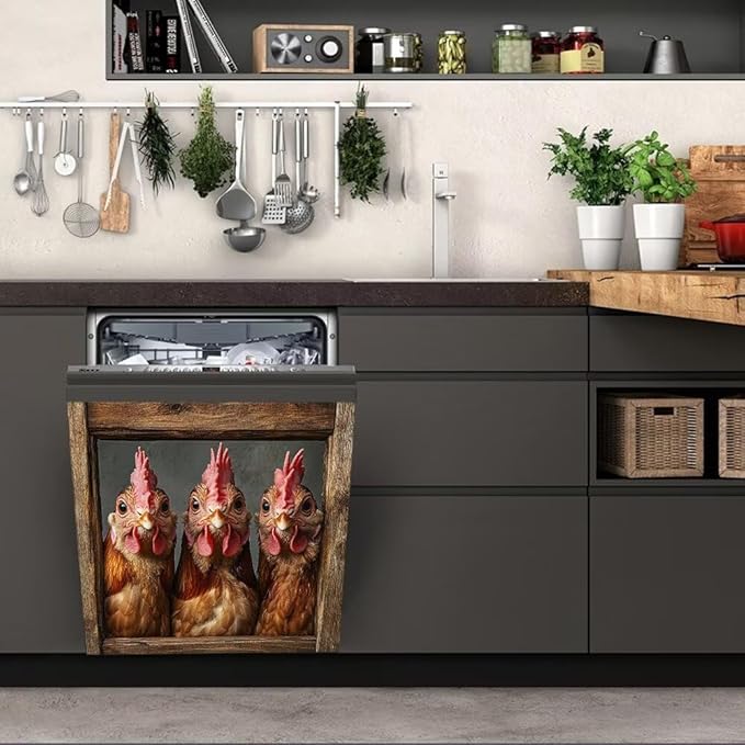 Country Rooster Dishwasher Magnet Cover, Farm Hen Dishwasher Cover for Kitchen Decoration, Chicken Magnetic Refrigerator Magnet Cover Funny Fridge Decal, 23"X17"