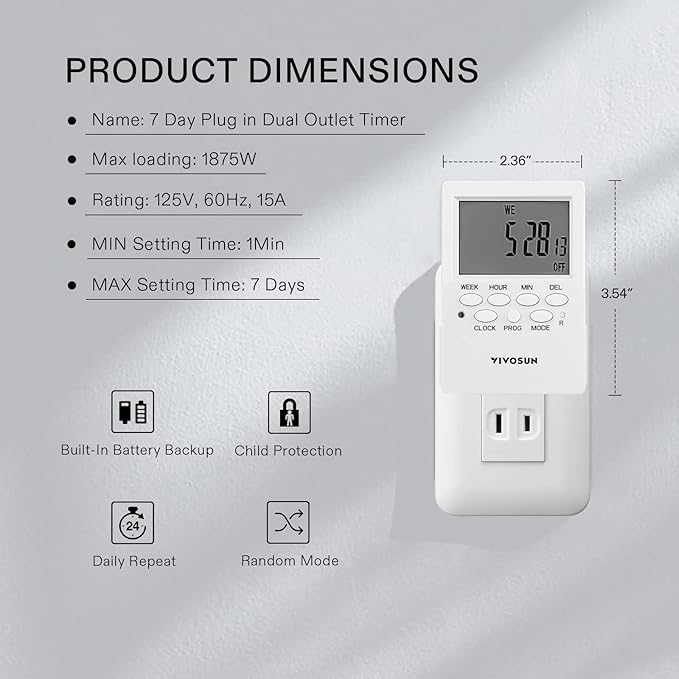 VIVOSUN Digital Timer Outlet 7 Day Programmable Digital Outlet Timer with 2 Independent Outlets 3 Prong, 20 on/Off Programs Groups, Countdown Setting, Indoor for Light Lamp, Fan（1Pack）