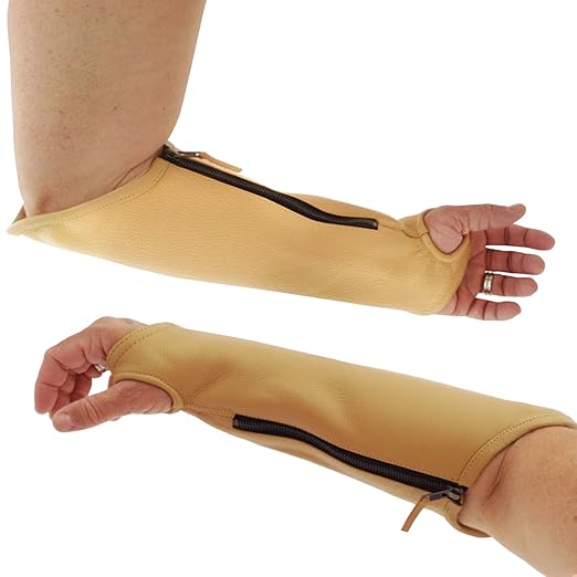 Arm Chaps Extended Elbow Leather Arm Guard - Arm Sleeve Protectors for Thin Skin and Bruising, Scratches & Cuts - Protective Arm Sleeve for Any Age- Left & Right Form-Fitting - Tan (1Pair/Large).