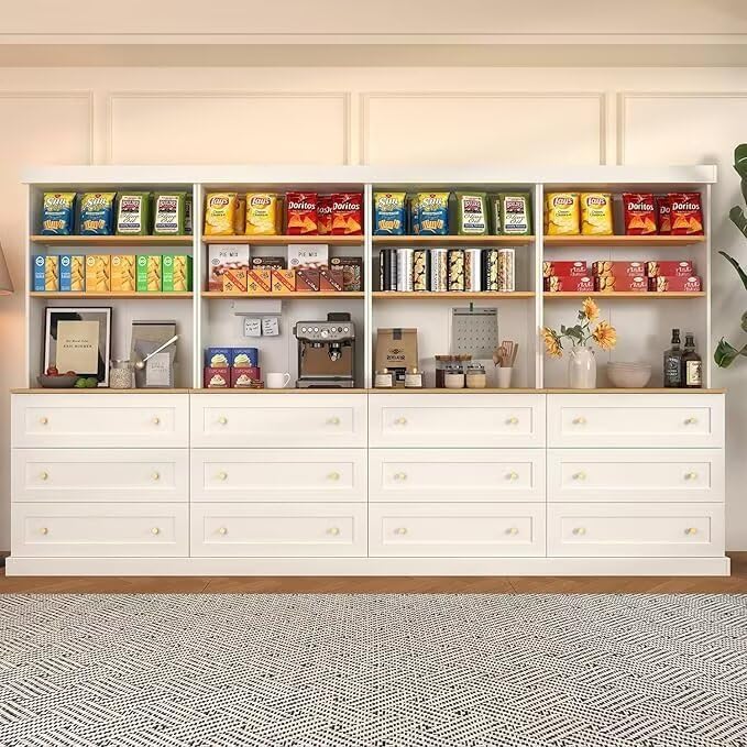 Vyre 71" Farmhouse Kitchen Pantry Cabinet Set of 4, White Freestanding Coffee Bar Hutch with Drawers & Adjustable Shelves, Large Storage Cabinet with Microwave Stand for Living Room & Kitchen