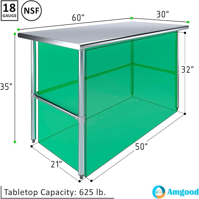 AmGood Stainless Steel Work Table Open Base | NSF | Laundry Garage Utility Bench (60" Long X 30" Deep)