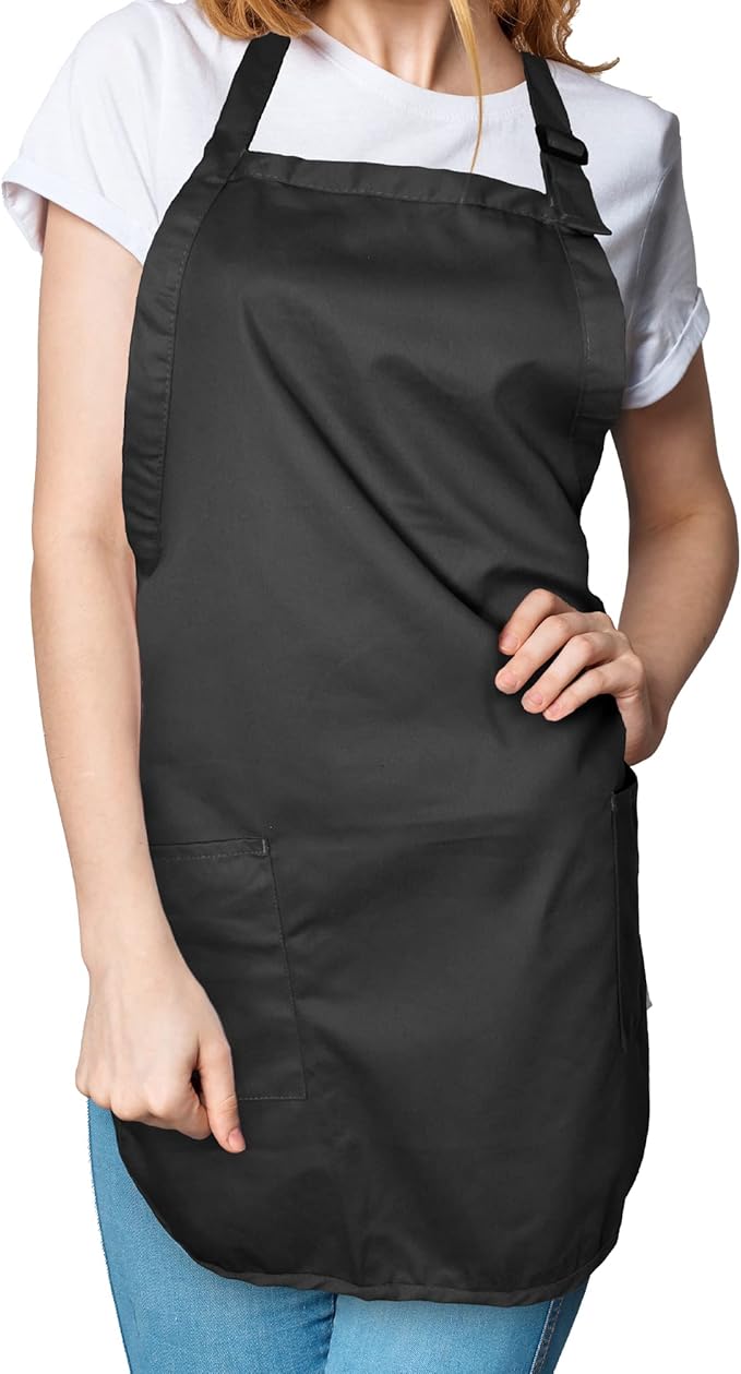 DALIX Apron Commercial Restaurant Home Bib Spun Poly Cotton Kitchen Aprons (2 Pockets) in Black 12 Pack