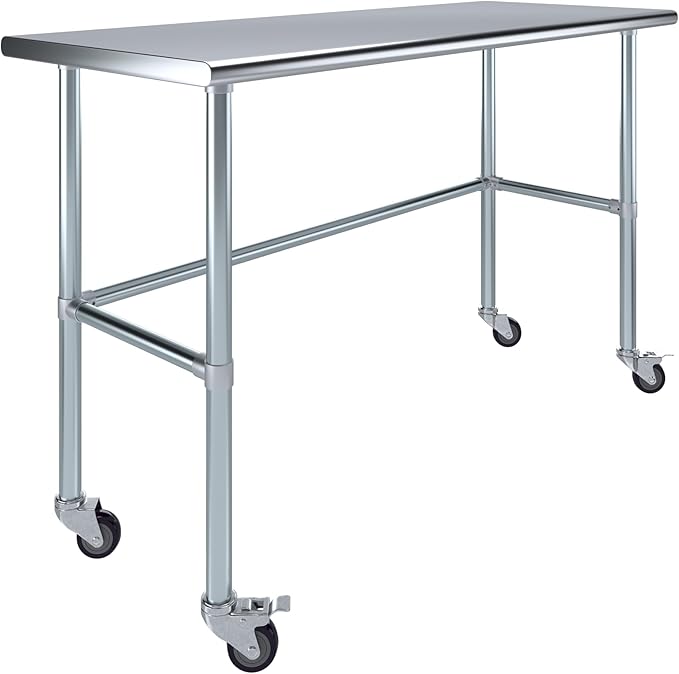 Stainless Steel Work Table Open Base & Wheels | Work Station | Metal Work Bench (Stainless Steel Work Table Open Base + Casters) (60" Long x 24" Deep)