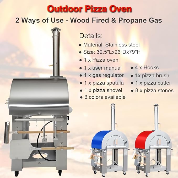32.5" Dual Fuel Pizza Oven - Wood Fired or Propane Gas Fueled, Large Outdoor Oven with 4 Casters, 8 pcs Pizza Stones for BBQ, Grilling, 430 Stainless Steel Pizza Oven for Backyard, Camping and Party