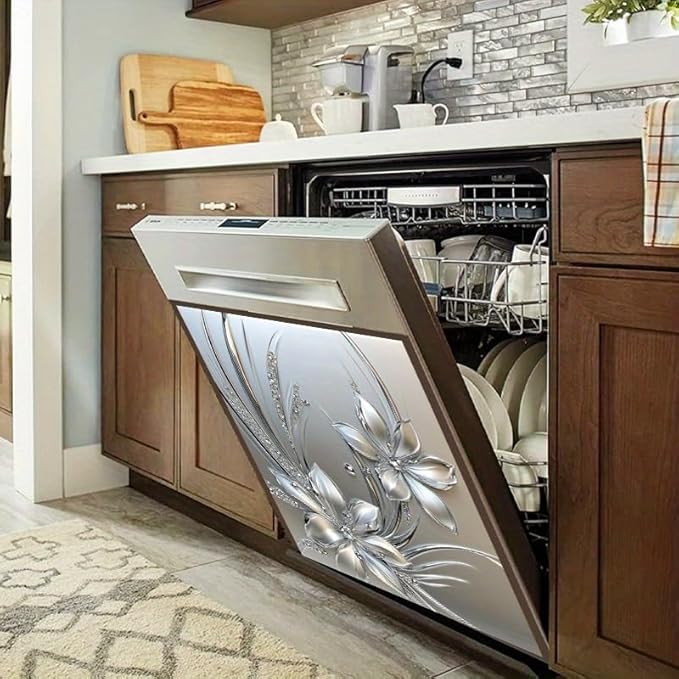 Silver Floral Dishwasher Magnet Sticker Cover Panel Decal Refrigerator Magnetic Sticker Decorative for Kitchen Decoration Anti-Scratch Magnetic Stickers Fridge Refrigerator Panel 23x26 Inch