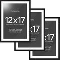 Homeforia 12x17 Picture Frame Black Wood, High End Oak 12x17 Poster Frames with Mat 10x15 Photo, 12 x 17 Wooden Frame Matted to 10 by 15 Print, 17x12 Hanging Frames, Tempered Glass, Wall Kit, Set of 3