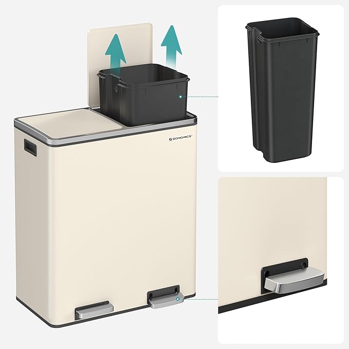 SONGMICS Trash Can, 2 x 8 Gallon (2 x 30 L) Garbage Can for Kitchen, with 15 Trash Bags, 2 Compartments, Plastic Inner Buckets and Hinged Lids, Airtight, Almond Color ULTB201A01