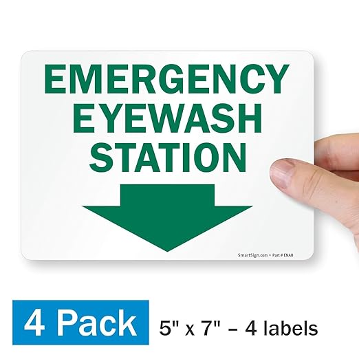 SmartSign (Pack of 4) 5 x7 inch “Emergency Eyewash Station” Sticker Labels with Down Arrow, 5 mil Laminated Polyester with SuperStick Adhesive, Green and White, Made in USA