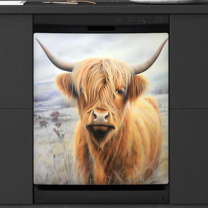 Dishwasher Magnet Cover Highland Cow Refrigerator Covers Magnetic Sheet Sticker Farmhouse Kitchen Decorative Home Cabinet Decals Appliances Stickers, 23x26 inch