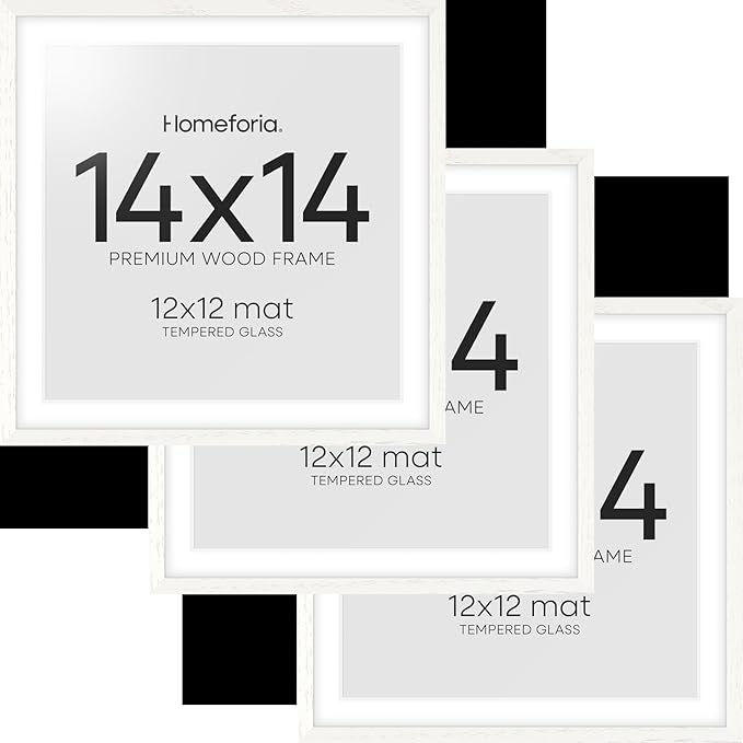 Homeforia 14x14 White Picture Frame, High End Oak 14 x 14 Square Wood Frames with Mat 12 by 12 inches Photo, 14by14 White Wooden Poster Frames Matted to 12x12 Print, Tempered Glass, Wall Kit, Set of 3