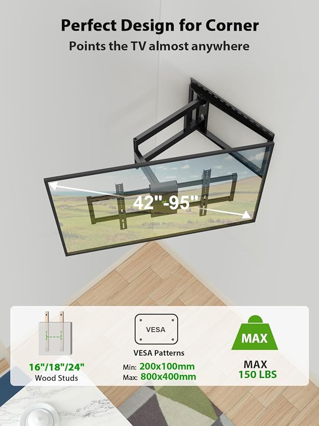 USX Mount Long Arm TV Wall Mount for Most 42-95 inch Television 40 Inch Extension Full Motion TV Mount，Wall Mount Bracket with 90°Swivel Up to 150lbs Fits 16” 18” 20” 24” Stud VESA 800x400mm