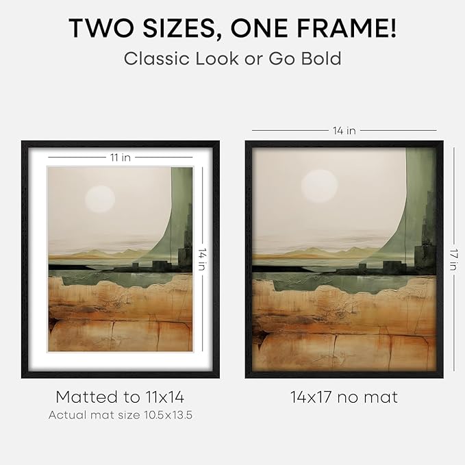 Homeforia 14x17 Picture Frame Black Wood, High End Oak 14x17 Frames with Mat 11x14 Photo, 14 x 17 Wooden Poster Frame Matted to 11 by 14 Print, 17x14 Hanging Frames, Tempered Glass, Wall Kit, Set of 3