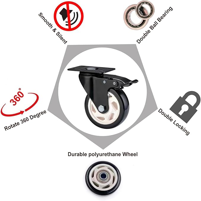 Heavy Duty Locking Caster Wheels with Brake, Non-Marking Swivel Casters Set for Cart & Furniture, 4 Inch Set of 4 / Black