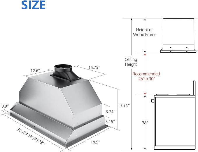 IKTCH 42 inch Built-in/Insert Range Hood 900 CFM, Ducted/Ductless Convertible Duct, Stainless Steel Kitchen Vent Hood with 2 Pcs Adjustable Lights and 3 Pcs Baffle Filters with Handlebar