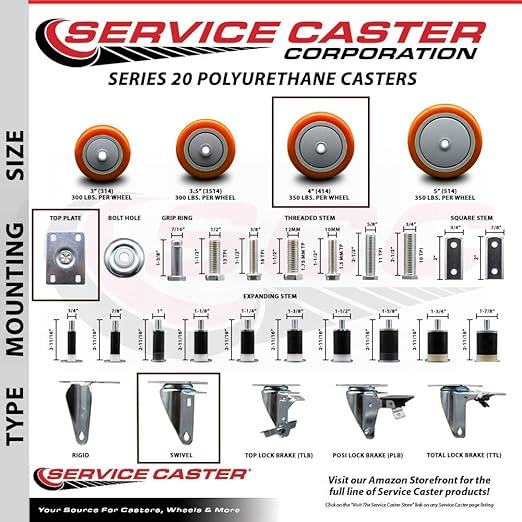 Service Caster Brand Replacement Caster for Uline Caster H-5539S-Swivel Top Plate Caster with 4 Inch Orange Polyurethane Wheel-Light Duty Replacement Caster-Fit Cart, Dollies and Poly Box Truck H-1956