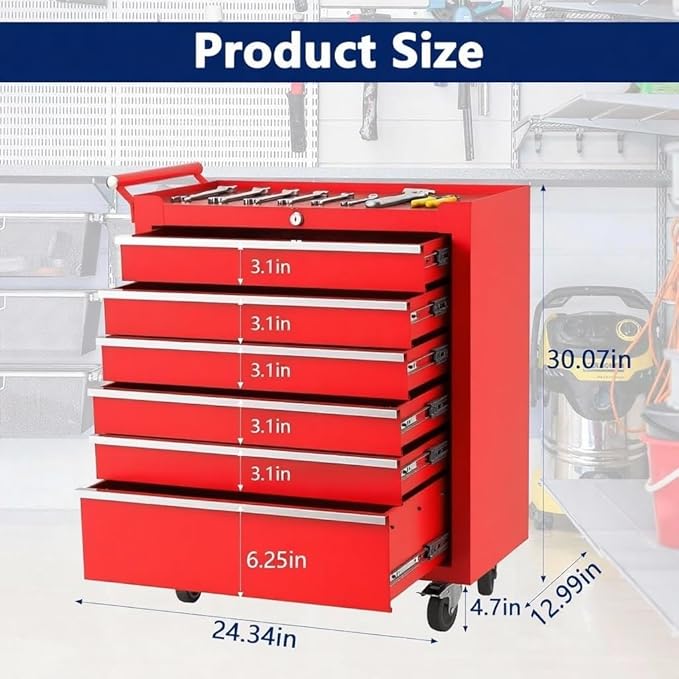 IDEALHOUSE Rolling Tool Chest, 6 Drawers Tool Storage Cabinet, Toolbox with Wheels, Portable Tool Cabinet Organizer with Locking System & Drawer Liners, Tool Storage Cart for Garage, Workshop, Red