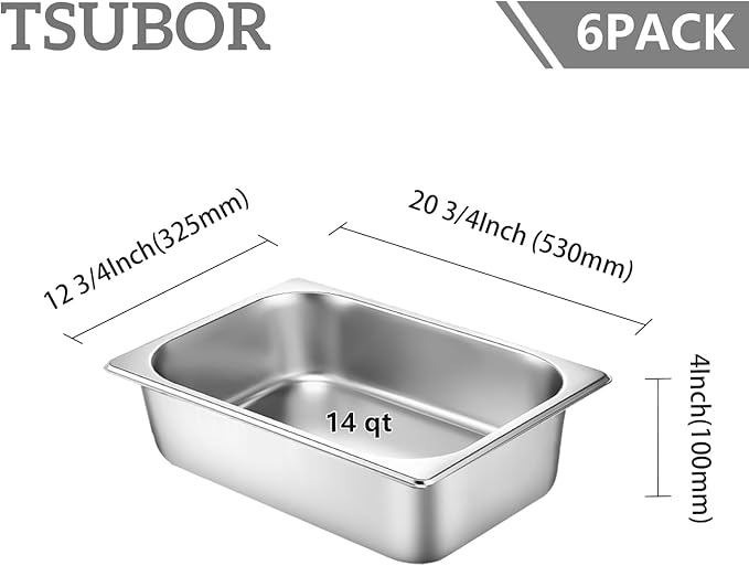 6 Set Stainless Steel Hotel Pans Full Size 4 Inch Deep With Lids, Anti-Jam Chafing Steam Table Pans, Catering Food Storage Metal Pan