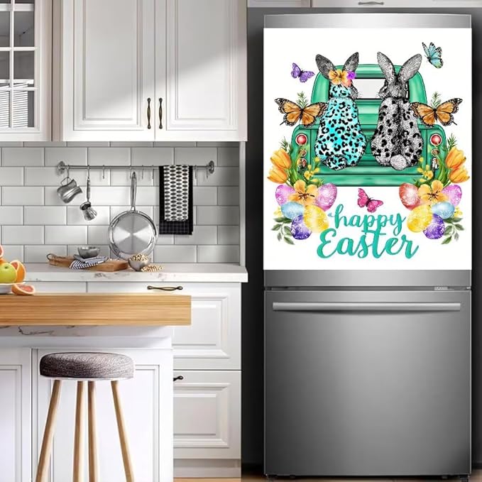 Happy Easter White Magnetic Dishwasher Cover Vinyl Sticker, Farm Bunnies Floral Dishwasher Magnet Cover, Easter Eggs Fridge Barn Door Cover Magnets Art Skin Panel Decal for Home Decor, 23"X26"