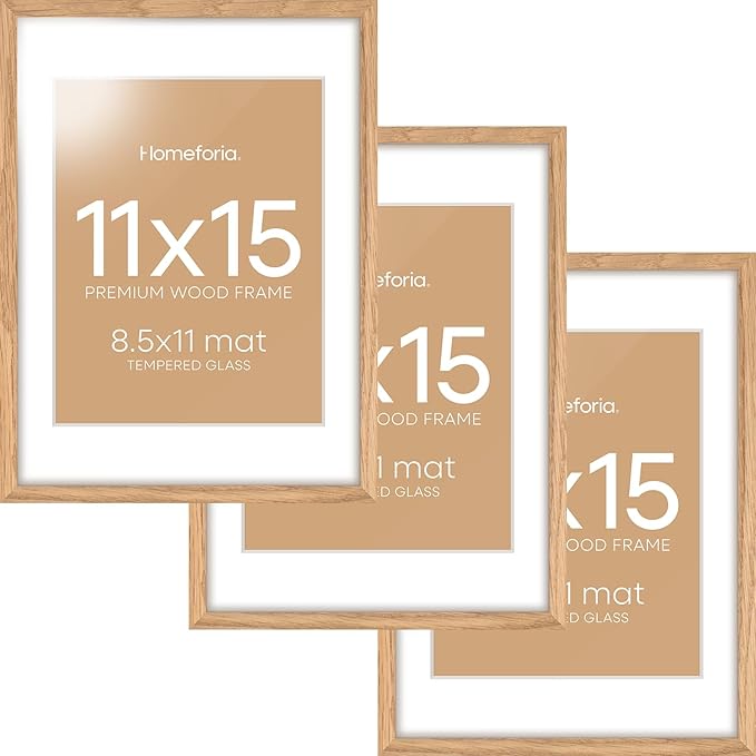Homeforia 11x15 Picture Frame Wood, High End Natural Oak 11x15 Light Wooden Poster Frames with Mat 8.5x11, 11 x 15 Frame Matted to 8.5 x 11 Photo, 15x11 Thin Frames, Tempered Glass, Wall Kit, Set of 3