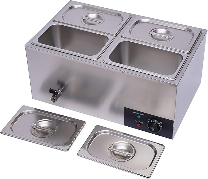 4-Pan Bain Marie Steam Table, Commercial Countertop Steam Table Food Warmer 600W 16.9Qt Stainless Steel Electric Food Soup Warmer with Lid and Tap for Restaurant, Buffet Catering