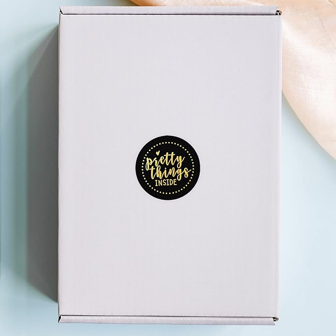 Black and Gold Foil Pretty Things Inside Stickers / 500 Sticker Roll / 1.5" Round Label/Small Business Online Retailer Labels