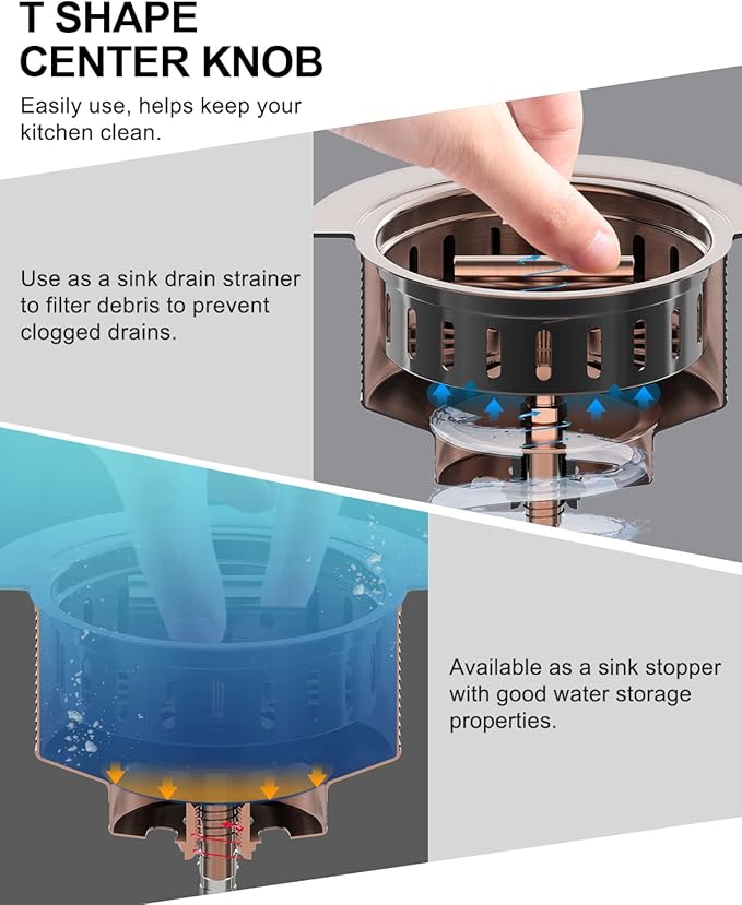 BOTEMY B9171 Copper Kitchen Sink Drain Kit 3 1/2 Sink Strainer for Kitchen Sink with Stainless Steel Strainer Stopper Drain Assembly Basket Strainer Fit Standard Sink Drain Hole(Antique Copper)