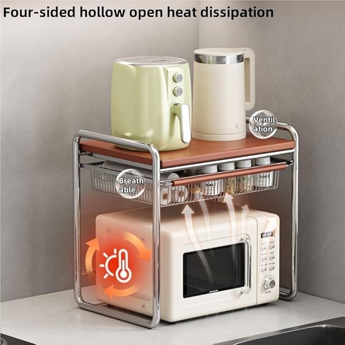 Multifunctional Microwave Stand with Storage, Solid Wood Spice Rack, Kitchen Countertop Organizer Shelf for Rice Cooker, Oven, Air Fryer and Seasoning(38.3cm/15.1in)