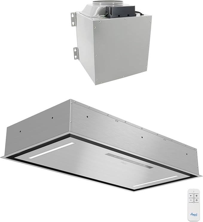 Awoco 36”W Flush Ceiling Mount Split Insert Range Hood, Stainless Steel 4 Speeds 1000 CFM, 8” Round Vent LED Lights Remote Control (36"W 19"D 8" Vent)