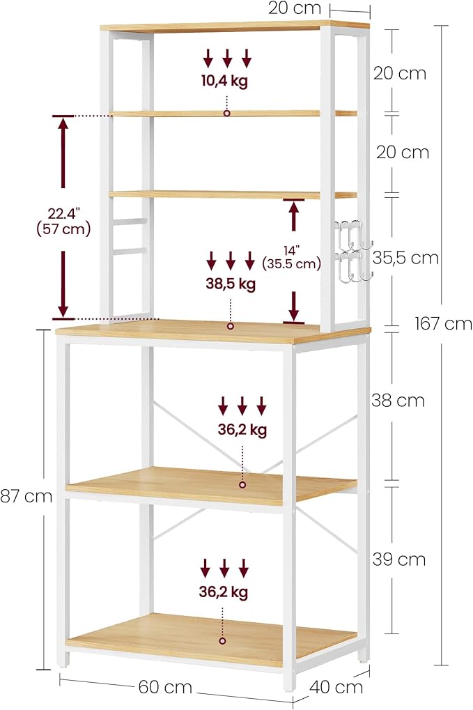 VASAGLE Coffee Bar, 23.6 Inches Baker's Rack for Kitchen with Storage, 6-Tier Kitchen Shelves with 6 Hooks, Microwave Stand, Modern, Golden Oak and Cloud White UKKS024W09