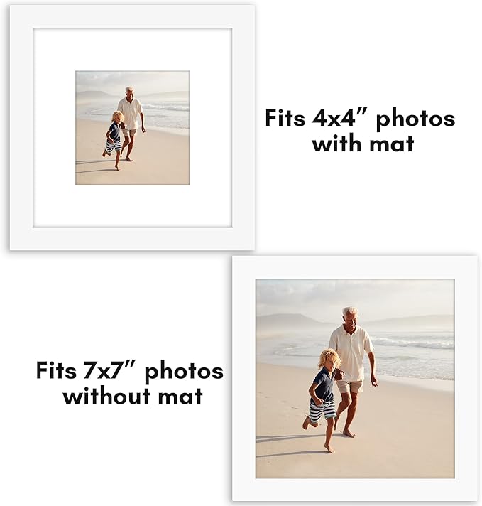 Americanflat 7x7 Picture Frame with Polished Plexiglass - Set of 5 - Use as 4x4 Frame with Mat or Display 7x7 Photo Without Mat - Galleria Collection - Square Frames for Tabletop and Wall - White
