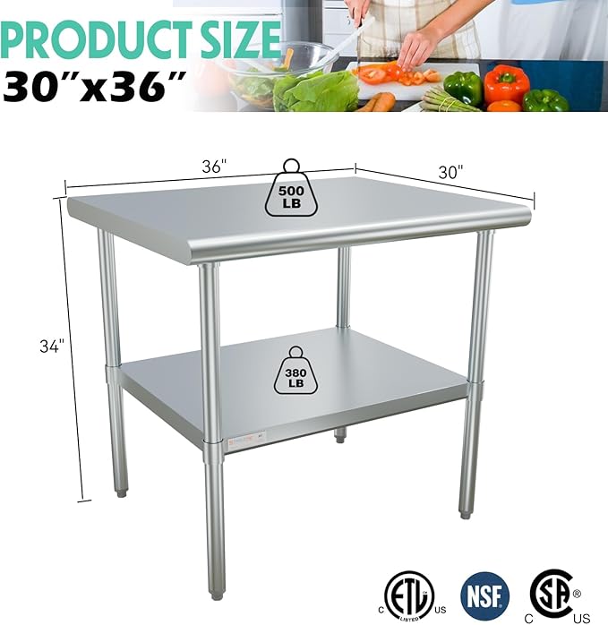 STABLEINK NSF Stainless Steel Prep Table 36 x 30 inches 3ft, Metal Work Table with Adjustable Undershelf, for Commercial Kitchen, Restaurant, Hotel and Garage