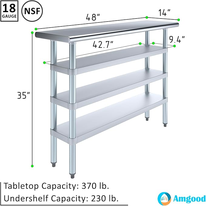 14 in. x 48 in. Stainless Steel Work Table with Three Bottom Shelves | NSF Kitchen Prep Table | Utitly Metal Table
