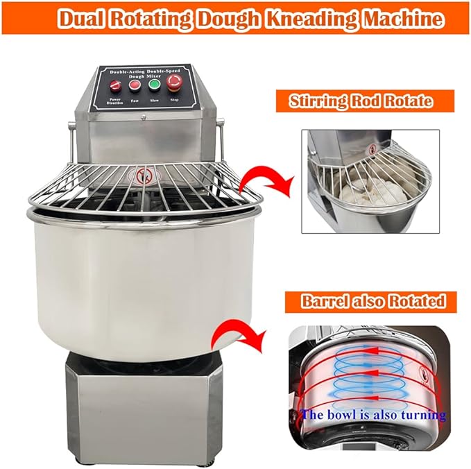 Commercial Stand Dough Mixer 50Qt Stand Spiral Mixer Dual Rotating Dough Kneading Machine Dough Pizza Food Mixer with Double Speeds for Restaurant Bakeries Pizzeria 110V 2200W