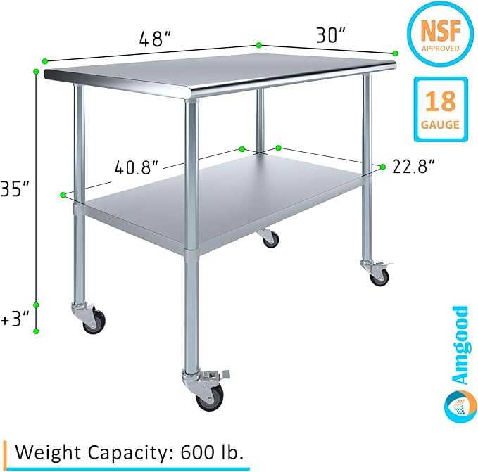 AmGood 48" Long x 30" Deep Stainless Steel Table with Casters