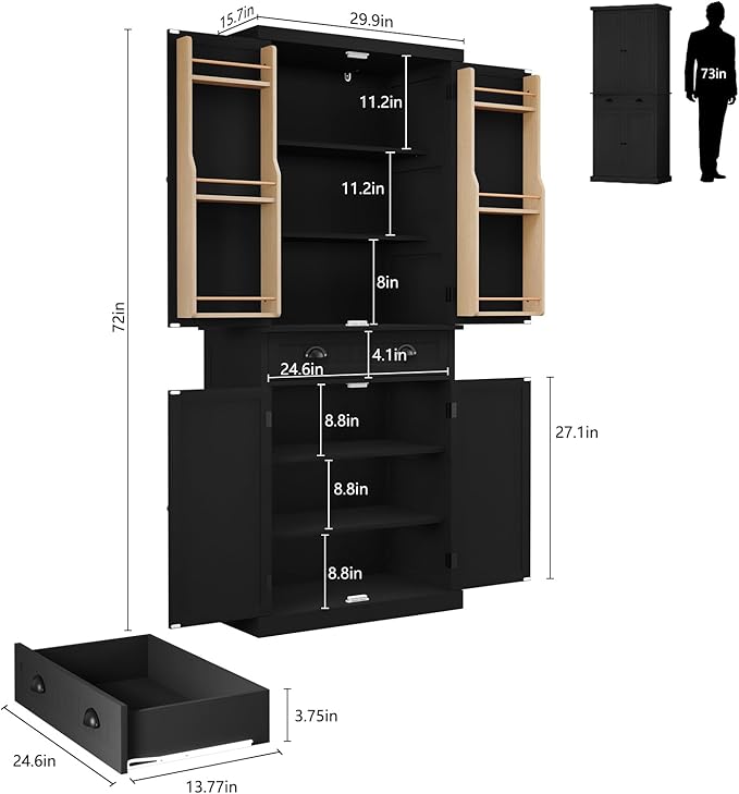 ARTPOWER 72" Pantry Storage Cabinet with Drawer, Freestanding Tall Cupboard Storage Cabinet, Utility Pantry with Door Shelves and 2 Adjustable Shelves for Kitchen, Dining Room,Living Room, Black
