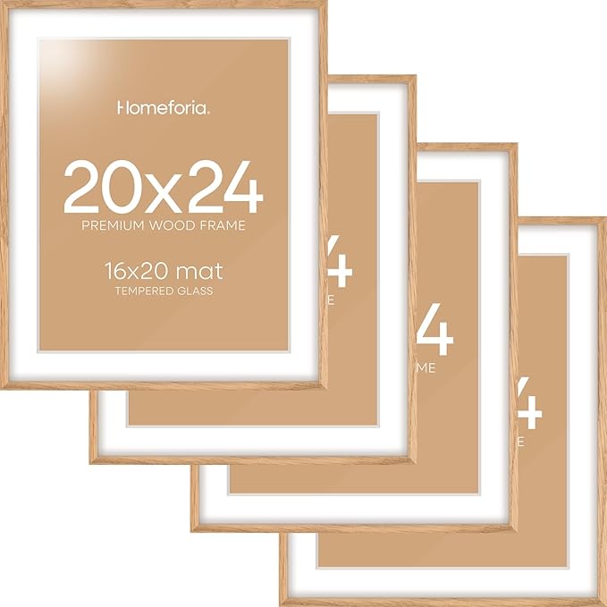 Homeforia 20x24 Picture Frame Wood, High End Natural Oak 20x24 Frame Matted to 16x20 Photo, 20 x 24 Light Wooden Poster Frames with Mat 16 by 20, 24by20 Thin Frames, Tempered Glass, Wall Kit, Set of 4
