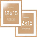 Homeforia 12x15 Wood Frame, High End Natural Oak 12x15 Light Wooden Picture Frame with Mat 9x12, 12 x 15 Poster Frames Matted to 9 by 12 Photo, 15x12 Hanging Frames, Tempered Glass, Wall Kit, Set of 2