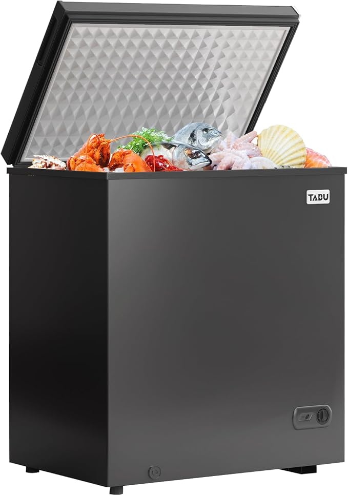 TABU 7.0 Cubic Feet Chest Freezer, Energy Saving Chest Deep Freezer with 7 Level Adjustable Thermostat, Top Opening Compact Freezer with Removable Storage Basket (Black)