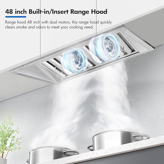 Micmi 48 inch Built-in Range Hood Insert Vent, Dual Motors Stainless Steel Kitchen 1400 CFM with Push Button Control, Ducted, Baffle Filters, 4 Speed Stove Exhaust Fan, ETL listed