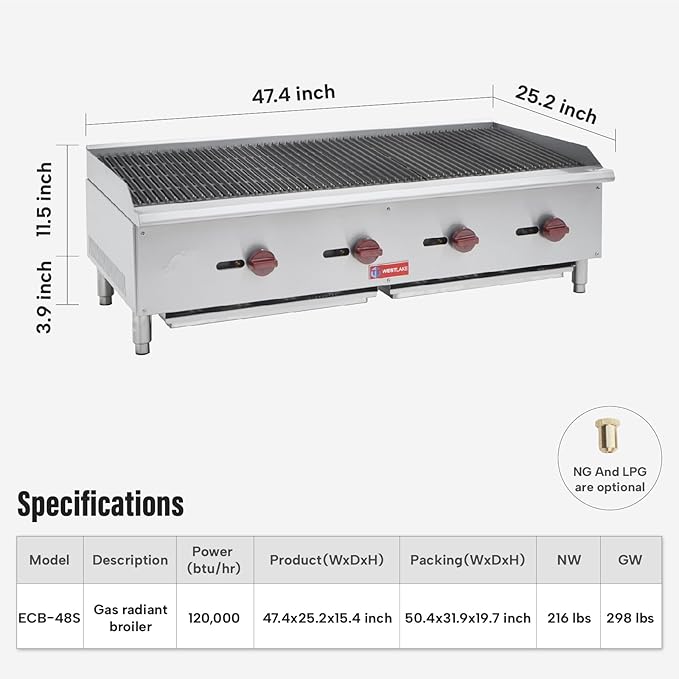 WESTLAKE 48"W Commercial Charbroiler Gas Countertop 4 Burner Natural Gas and Propane 120,000 BTU Char Broiler Stainless Steel BBQ Stove Grill for Restaurants