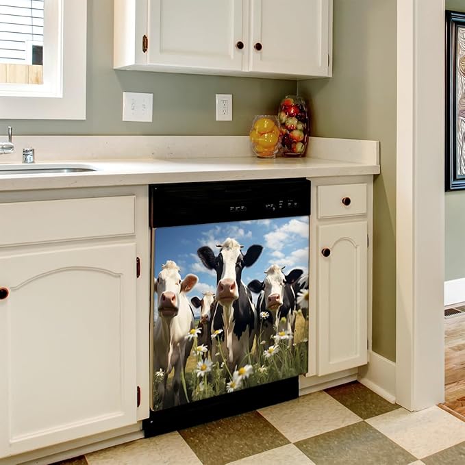 Dishwasher Magnet Cover Farm Animal Cow Daisy Reusable Dishwasher Magnetic Cover Sticker Decorative Dish Washer Door Cover Panel for Home Kitcen Appliance