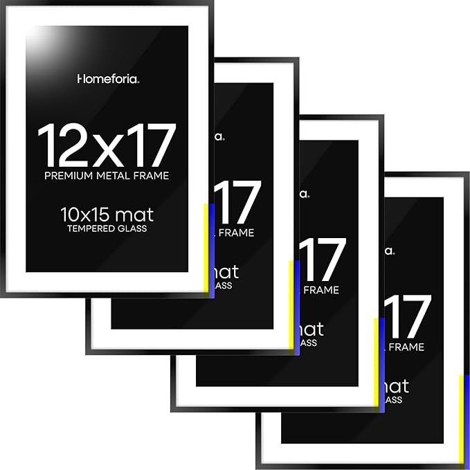 Homeforia 12x17 Picture Frame Black, High End Metal 12x17 Poster Frames with Mat 10x15 for Photo, 12 x 17 Black Frame Matted to 10 x 15 inch Print, 17x12 Thin Frame, Tempered Glass, Wall Kit, Set of 4