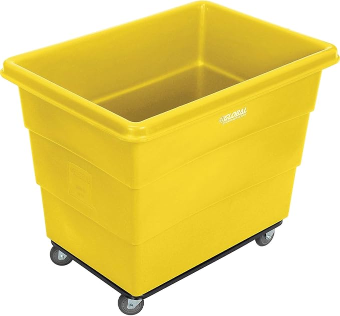 Global Industrial 16 Bushel Plastic Bulk Box Truck, Steel Chassis Base, 1000 lbs. Capacity, 4" Non-Maring Rubber Casters, Yellow, 42-3/5"L x 30" W x 35-3/5"H